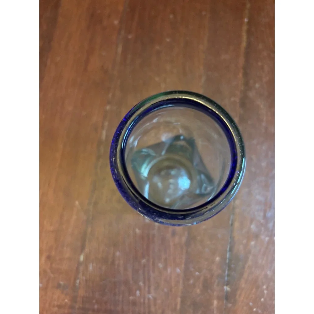 Hand Blown Mexican Glass Cobalt Blue Rim Dimpled Thumbprint Tumbler 6.5